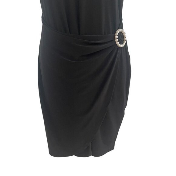 Tiana B Black Faux Wrap Dress Pearl Accent Short Sleeve Elegant Party Cocktail S - Picture 7 of 7